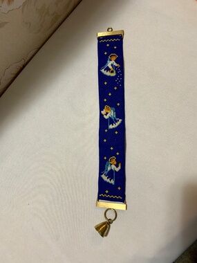 Vintage Blue Hand Stitched Angels Wall Door Hanger w Tiny Brass Bell - 14" by 2"